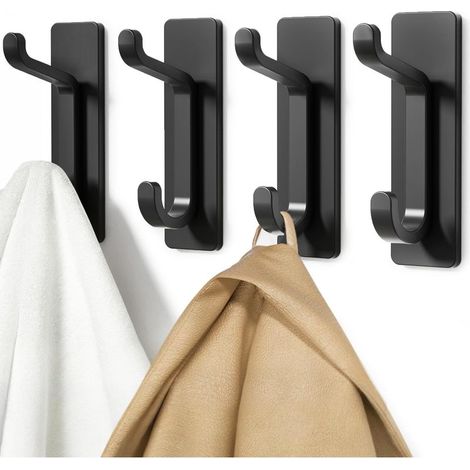 Crochet Adhesif Mural, Porte Serviette Salle de Bain, Accroche Torchon Cuisine, Porte Manteau Adhésif,Noir, 4 Pièces (1/5)