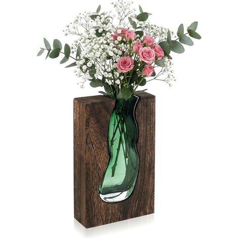 Vase Fleur, Vase Decoratif, Vase en Verre, Vases en Verre, Vases à Fleurs Modernes avec Base en Bois pour Decoration Centre de Table Salle a Manger Maison Bureau Mariage (Hauteur 24 cm) (1/5)