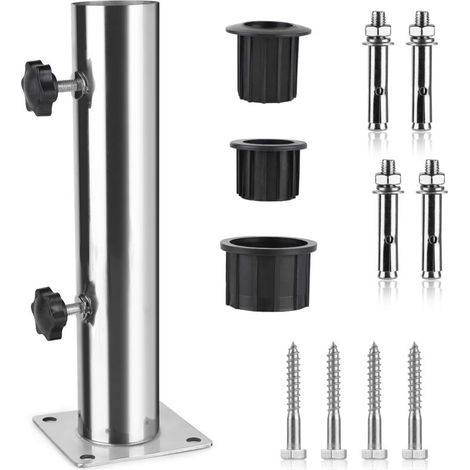 Tube Parasol, Pied de Parasol, Support Parasol en Acier Inoxydable Réglable avec 3 Anneaux de Réduction en PVC (32/38/48mm), Pied pour Parasol avec 8 Clous en Acier