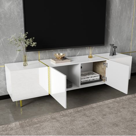 Aparador TV blanco brillante con almacenaje y dorado OKMYHOME (1/5)