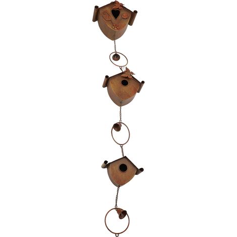Chaîne de pluie décorative vintage en métal avec clochette et nichoirs à oiseaux de 1,30 m (4,27 pi), idéale pour les jardins, terrasses et patios. (1/5)