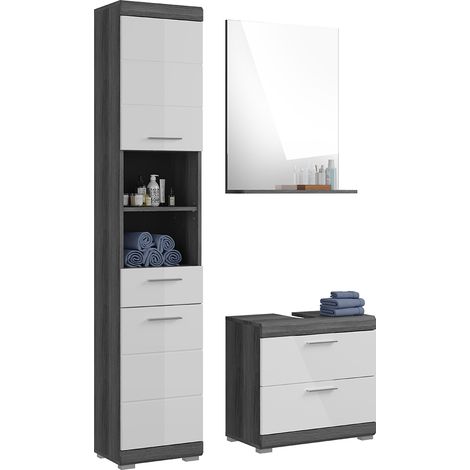 Badezimmermöbel Set 3-teilig modern in Hochglanz weiß mit grau SIROCO-158 (1/5)