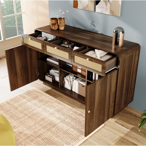 Buffet 120 cm effet noyer avec 3 tiroirs, 2 placards et niche ouverte HAVRYA (1/5)