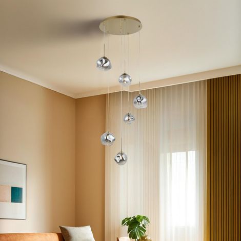 Lustre doré avec corps en métal et capuchon en verre, hauteur réglable de 50 à 228 cm, capuchon de Ø 18 cm, 6 ampoules G9 incluses, pour les espaces modernes (1/3)