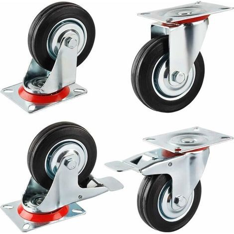 Roulettes Pivotantes, 75mm Roulettes de Transport en caoutchouc, 2 Roulettes pivotantes avec Frein et 2 sans Frein (total 4 pcs) (1/3)