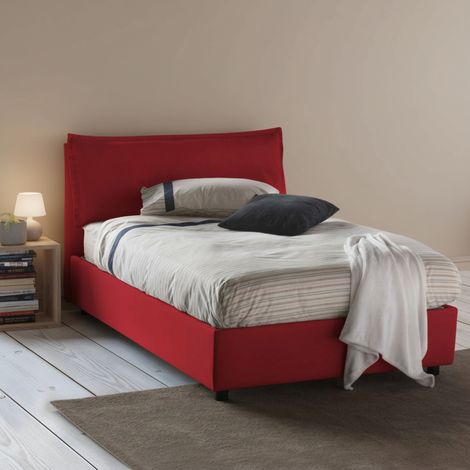 Talamo Italia Quadratisches und halbes Bett Agata, Containerbett mit Stoffbespannung, 100% Made in Italy, Frontöffnung, inklusive Matratze 120x200 cm, Rot (1/5)