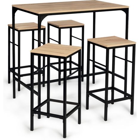 Ensemble de table haute de bar et 4 tabourets IDMARKET DETROIT - Bois et métal noir - Design industriel - Naturel