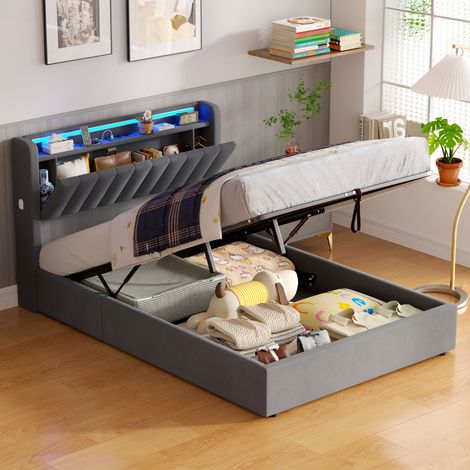 Lit coffre 140x200 cm, lit adulte rembourré LED, tête de lit rabattable avec rangement, prise+USB, sommier à lattes, sans matelas, velours gris (1/5)