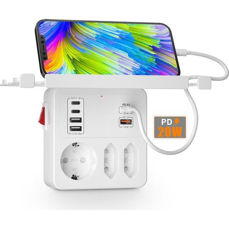 Multiprise Murale avec Interrupteur,Prise Multiple USB PD20W Charge Rapide  Multiprise 3 Prises 6 Chargeur USB avec Etagère Support pour Téléphone,Adaptateur Triplette Electrique,Fiche Rotative,Blanc (1/5)