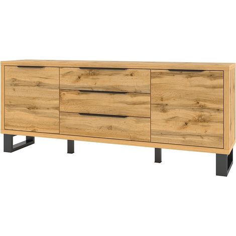Buffet, credenza, enfilade MILO con due porte, tre cassetti. Colore rovere con finitura nera. Stile industriale.