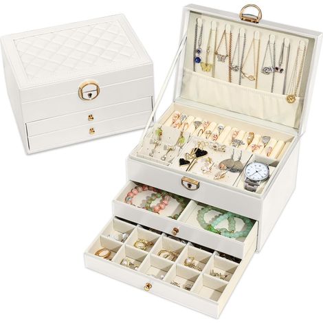 Boîte à bijoux, Organisateur de bijoux avec 2 tiroirs, Boîte de rangement de bijoux en cuir à 3 couches avec serrure, Coffret à Bijoux pour collier, d'oreille, bracelet, Blanc