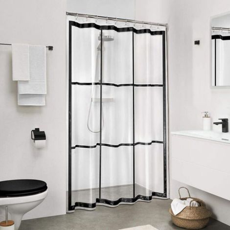 Rideau de douche, sans PVC, imperméable, rideau pour baignoire et douche, couleur : transparent/noir, l x H : 180 x 200 cm. (1/2)