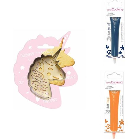 Kit pour biscuit en relief Licorne + 2 Stylos au chocolat bleu nuit et orange