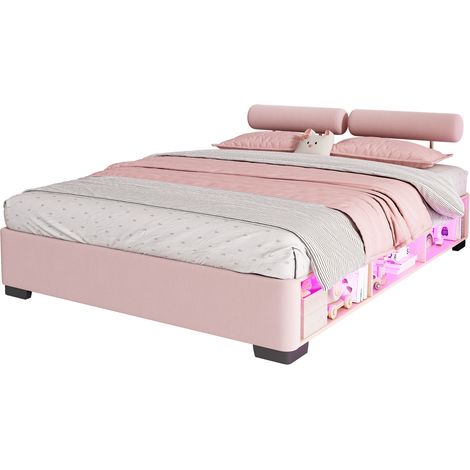 Lit Enfant 140 x 200 cm en Velours, Lit Double avec Étagère LED et Têtes de Lit Modulables, sans Matelas, Rose (1/5)