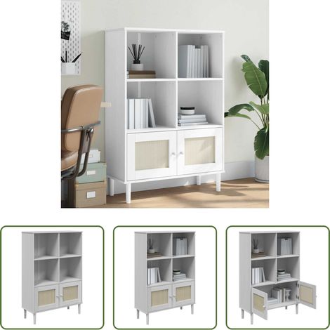 Holzregal -  Bücherschrank SENJA Rattan-Look Weiß 90x35x130 cm Kiefernholz (1/5)