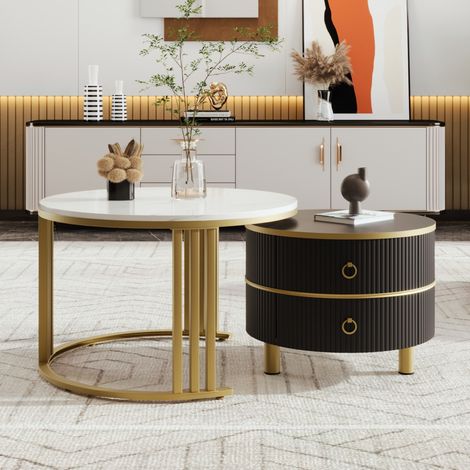 Lot de 2 Ronde Table basse gigogne, avec plateau brillant et dessus marbre blanc, 2 tiroirs, poignées dorées, 70x70x46 cm +50x50x45 cm - Noir (1/5)