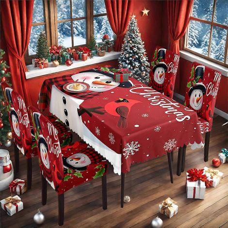 Ensemble nappe et housses de chaises de Noël rétro à motif bonhomme de neige TC-64 (nappe imperméable 140 x 210 cm + 4 housses de chaises) (1/4)