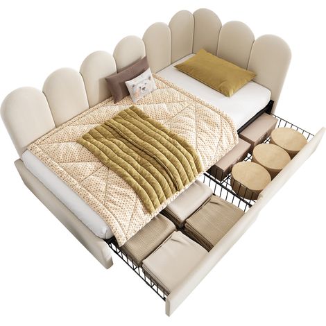 Letto singolo imbottito 90x200 cm in velluto beige con 2 cassetti contenitore, rete inclusa, struttura L reversibile per piccoli spazi e camera ospiti  CHICFURN (1/5)
