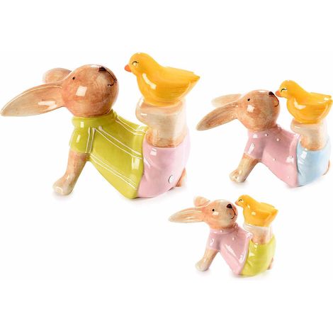 Coniglietti pasquali sdraiati con pulcino in ceramica colorata, set da 2 pezzi, Grande: cm 16,5x9,5x12 H