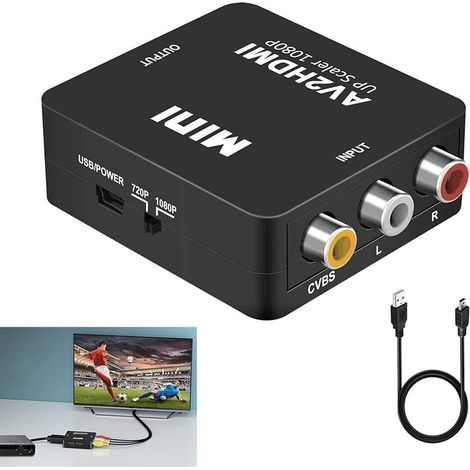 Convertisseur RCA vers HDMI 1080P, Adaptateur Audio Vidéo Composite AV CVBS vers HDMI avec Câble d'Alimentation USB, Compatible avec PS2, PS3 Xbox Wii VHS TV Lecteur DVD, Supporte PAL NTSC SECAM (1/5)