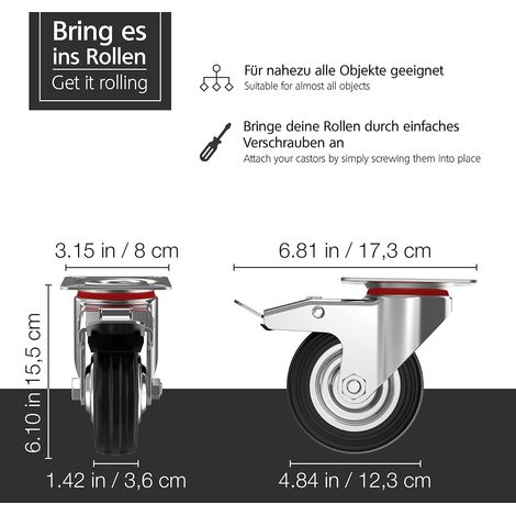 Roulette Lot de 4 roulettes pivotantes 117 mm avec freins - Roulettes de meubles jusqu'à 100 kg chacune - Usage intensif - Caoutchouc pour usage intérieur et extérieur - Roues industrielles MNS (1/4)