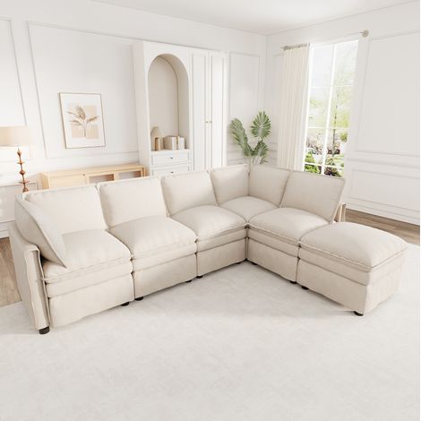 Sofá esquinero modular XXL 344x127x91 cm de tela beige, convertible, para salón – MEUBLIV (1/5)