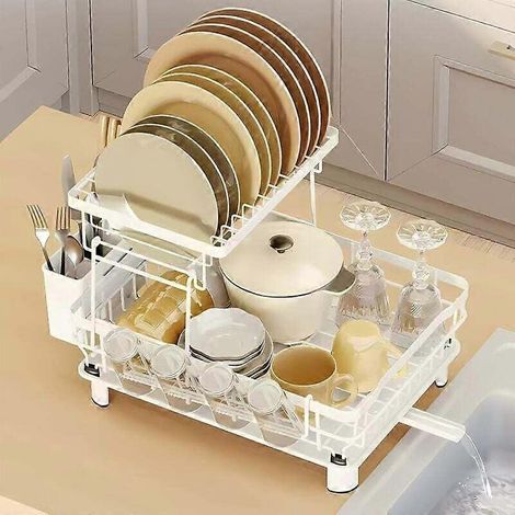 Égouttoir à vaisselle double couche, étagère de rangement avec plateau égouttoir et porte-couverts, blanc. (1/5)