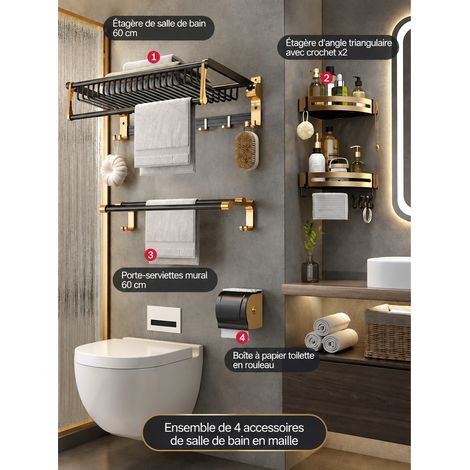 Porte-serviettes salle de bain aluminium spatial sans perçage, ensemble 4 pièces panier en maille pliable noir et doré A, 4 kg – Livraison gratuite (1/5)