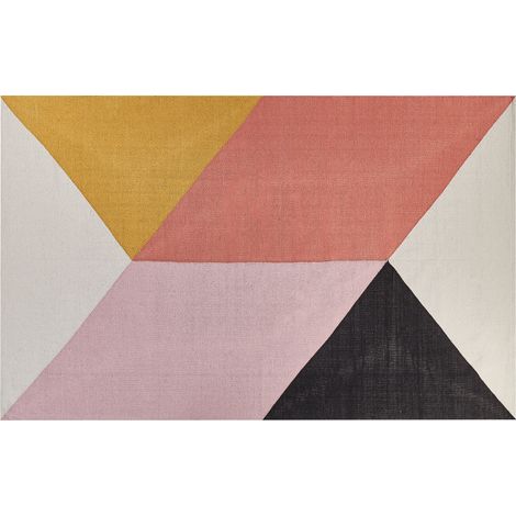 Alfombra de algodón rosa beige amarillo negro 140 x 200 cm hecho a mano Nizip