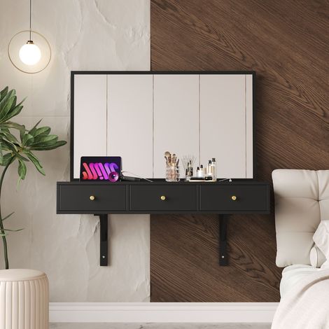 Coiffeuse murale noire avec miroir, 3 tiroirs, prises intégrées et porte-gobelet 100 x 105 x 45 cm (1/5)