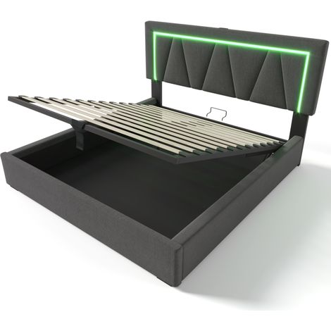 CAIziLit rembourré 160x200 cm lin LED USB-C coffre hydraulique, junior (1/5)
