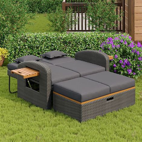 Ensemble de chaises longues de jardin - SINGULARITY - Rotin gris - Dossier réglable - Repose-pieds escamotable - Rangement intégré (1/4)