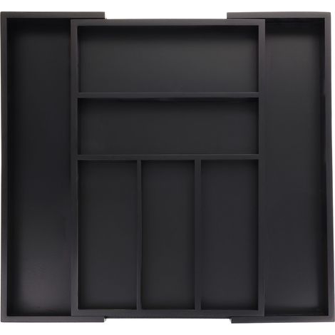 Relaxdays Besteckkasten ausziehbar, Bambus, HBT: 5 x 30,5-49 x 46 cm, 5-7 Fächer, Besteckeinsatz für Schubladen, schwarz