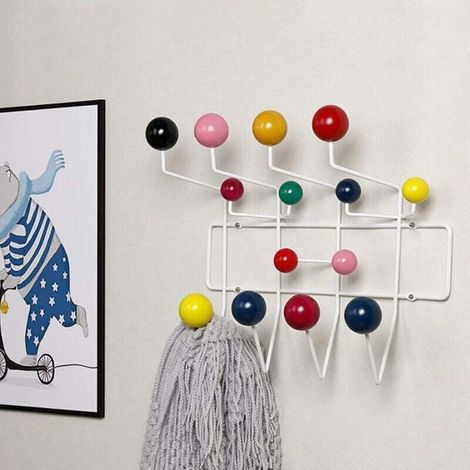 Wall-Mounted Coat Rack, Entryway Coat Rack, Hanging Coat Rack, Classic Metal Coat Rack with Painted Solid Walnut Wood Balls, Colored Wooden Hanger (1/5)