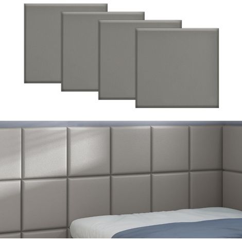 Lot de 4 panneaux muraux 3D rembourrés 35 x 35 cm en cuir synthétique, coussin mural, décoration murale, tête de lit pour chambre à coucher, salon, bureau, chambre d'enfant, gris (1/5)