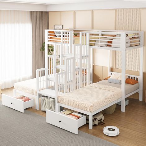 Letto a castello triplo 90x200 cm per bambini - Scala centrale di sicurezza con cassetti portaoggetti - Struttura in metallo e legno bianco - Con rete a doghe