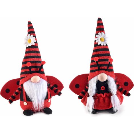 Coppia di gnometti vestiti da coccinella in stoffa con margherita su cappello a righe, set da 4 pezzi, cm 21x9x30H (capp.esteso)