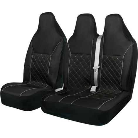 Kit 2+1 de housses universelles pour sièges avant de fourgon avec appuie-tête intégré - noires