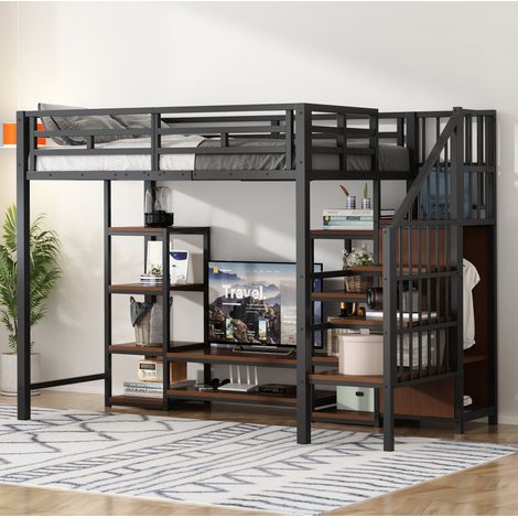lit chambre adulte gain de place 90x200 metal noir tv HAVRYA (1/5)
