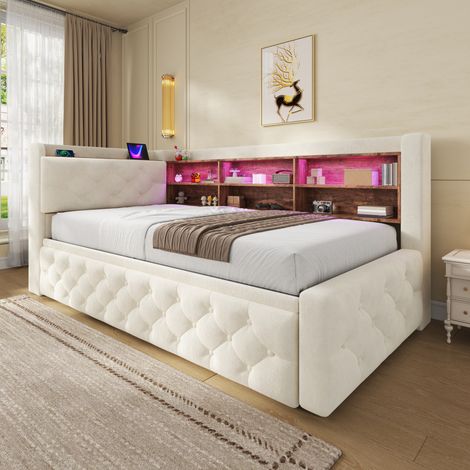 Sofá cama extraíble 90x190 cm, con almacenaje en el reposabrazos, cabecero con LED y USB, terciopelo beige (1/5)