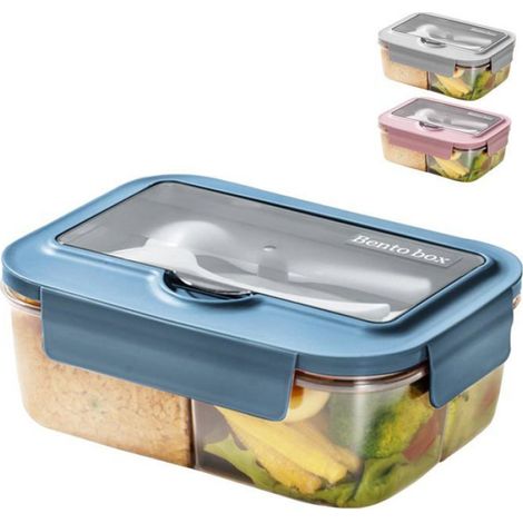 Bento Lunch Box Micro Ondable, 1400Ml Boite Repas avec 3 Compartiments et Couverts, Boite à Lunch pour Pique-Nique, Travail (Bleu) (1/5)