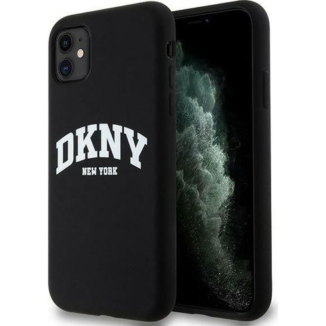 Custodia rigida nera/nera in silicone liquido con logo stampato bianco e protezione MagSafe per iPhone 11/Xr da 6,1" DKNY DKHMN61SNYACH. (1/5)