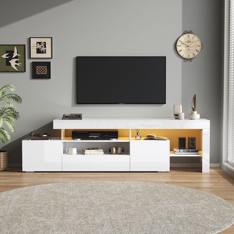 TV-Lowboard 192x37x53 cm weiß aus Spanplatte mit Hochglanzfront, LED-Beleuchtung und 3 Klapptüren (1/5)