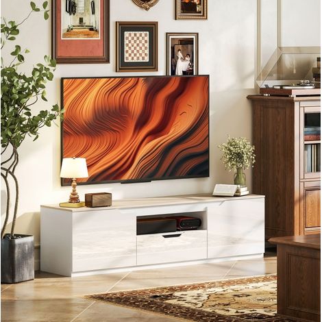 Meuble TV 160 cm en MDF effet bois naturel avec 2 portes, tiroir et niche ouverte (1/5)