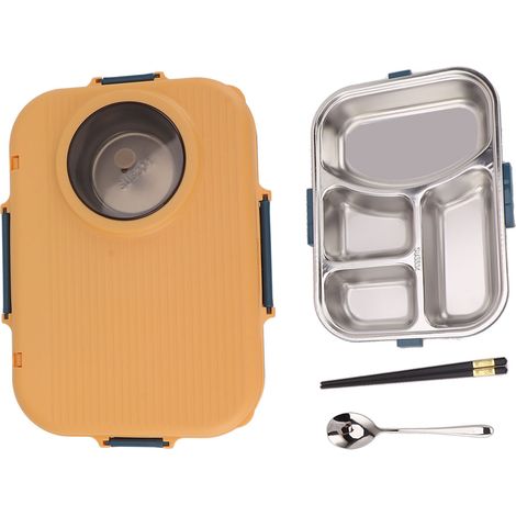 Boîte repas bento 4 compartiments 1200ml, acier inoxydable 304 isolé avec bol à soupe, couvercle, cuillère et baguettes, conteneur déjeuner pour étudiants et employés de bureau, jaune (1/5)