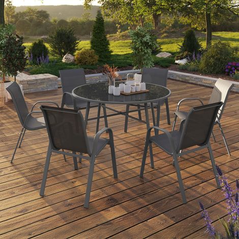 Conjunto de muebles de jardín MADRID - mesa redonda 120cm y 6 sillas apilables - gris antracita