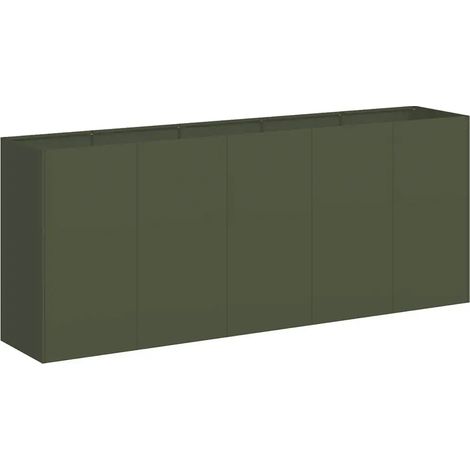 Jardinière moderne extérieure 200 x 40 x 80 cm profonde avec fond ouvert en acier laminé à froid vert olive (1/5)