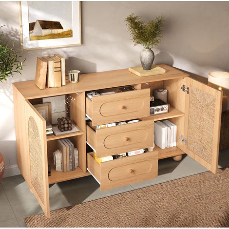 Credenza a 2 ante, 3 cassetti, 140 x 40 x 80 cm, MDF e truciolato, naturale DESVIAE (1/5)