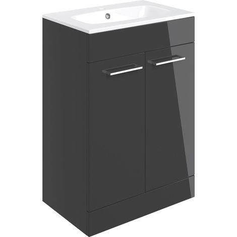 Signature Aalborg Floor Standing 2-Door Vanity Unit with Basin 610mm Wide - Anthracite Gloss (1/3)