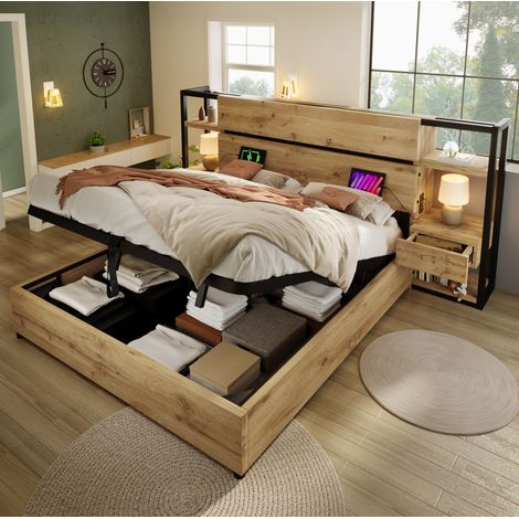 FLORAGRACE Letto matrimoniale 180x200 cm in MDF  marrone chiaro, testiera con ripiani, USB e Type-C, contenitore, legno chiaro e vani laterali (1/5)